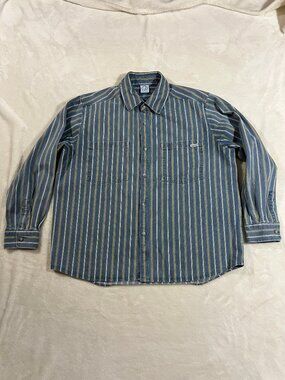 Polar Skate Co Mike Long Sleeve Denim Mens Large Blue Yellow Striped Heavy Shirt